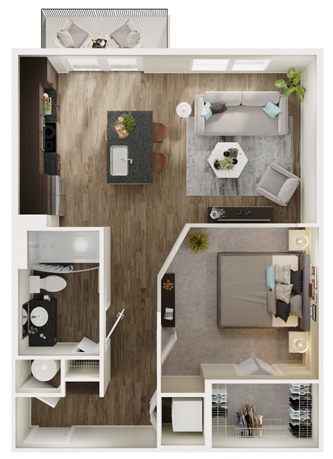 Floor plan for 1 bed, 1 bath, 664 sqft